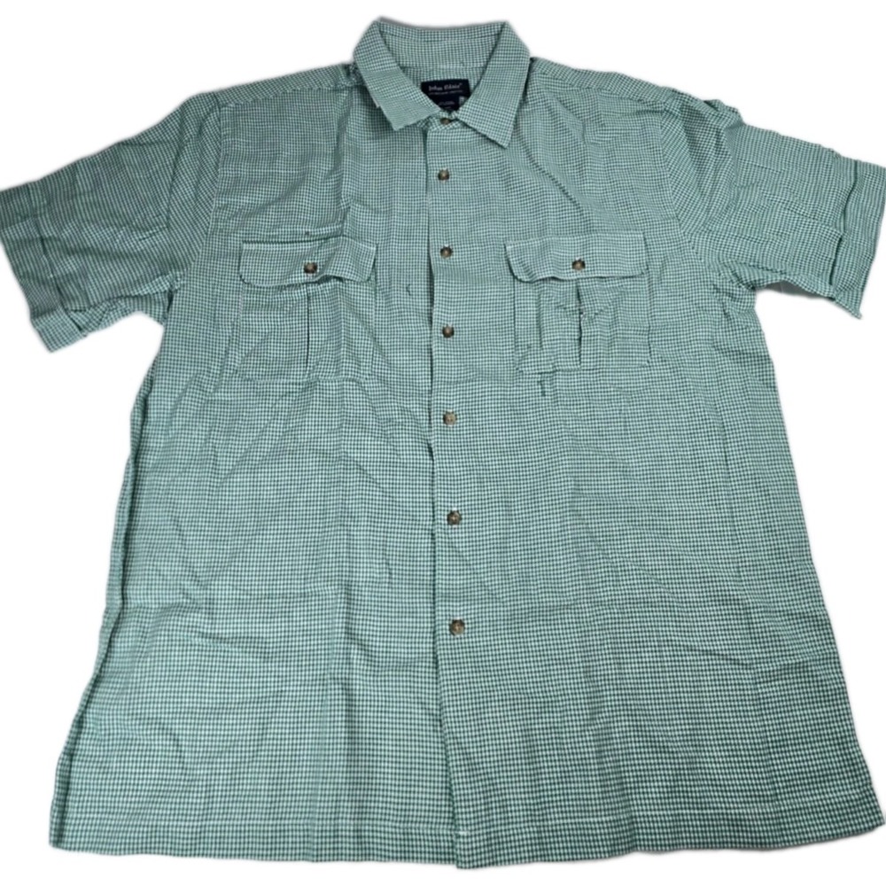 New John Blair Houndstooth Mens Large Button Up Shirt Green‎ Check Short Sleeve